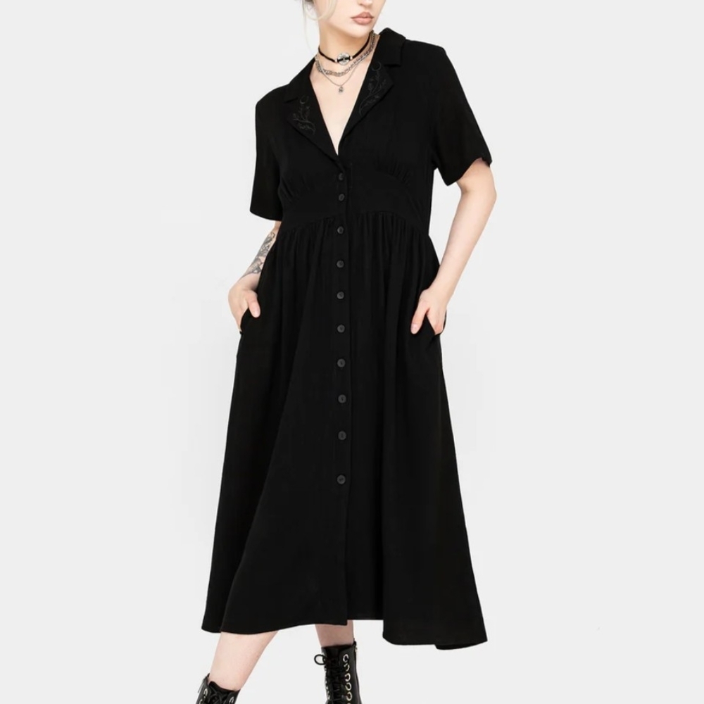 Disturbia Black Midi Dress with Button Detail